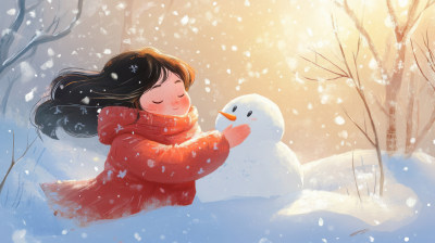 冬日冬天一个小女孩在堆雪人卡通插画