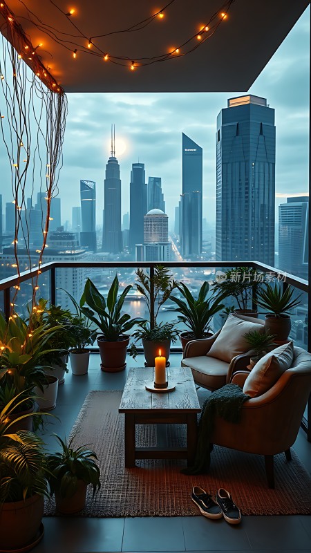 城市夜景下的温馨阳台绿意盎然