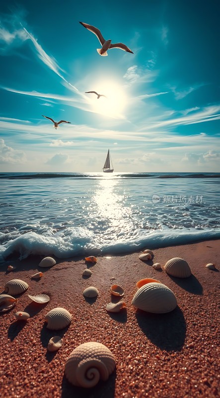 阳光下的海景帆船、贝壳和飞翔的海鸥