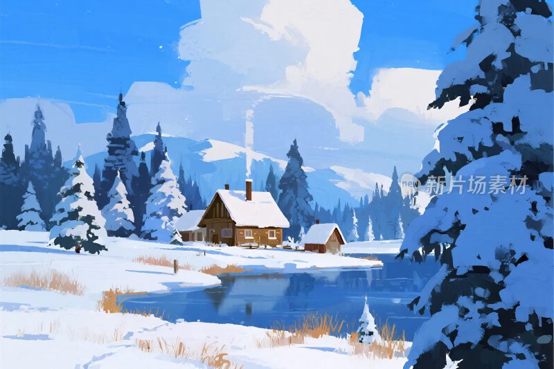 雪景木屋冬日风景