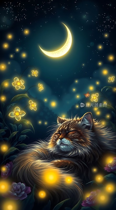 月下花丛中熟睡的小猫