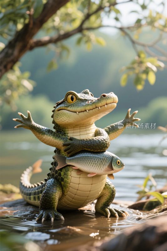 卡通鳄鱼抱鱼互动插画