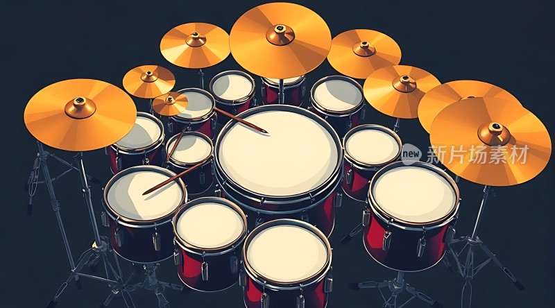 金色钹与红色鼓组合的架子鼓