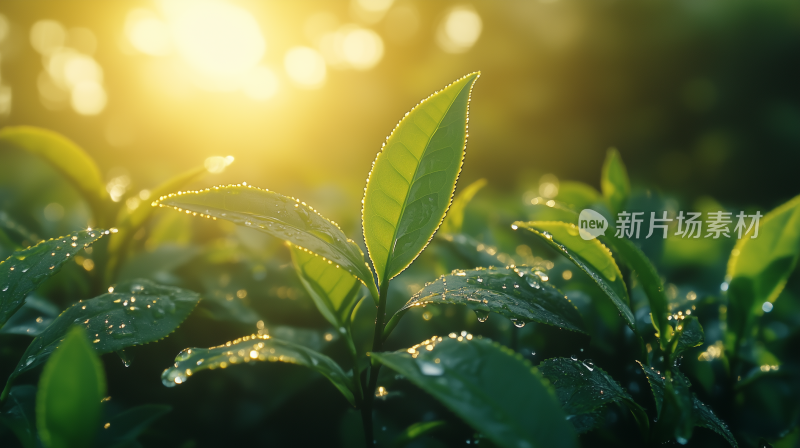 雨珠12晨曦中的茶园 绿叶上的晨露