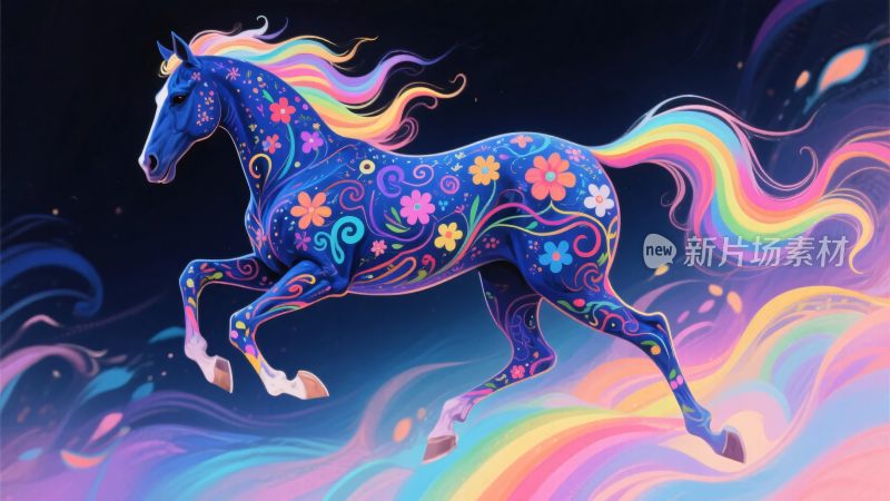 梦幻彩色花纹奔跑骏马插画