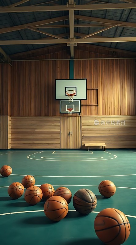 室内篮球场上的多个篮球