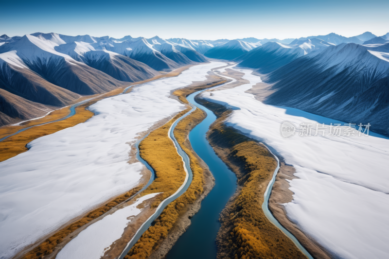 山上有雪中间一条河风光风景图片