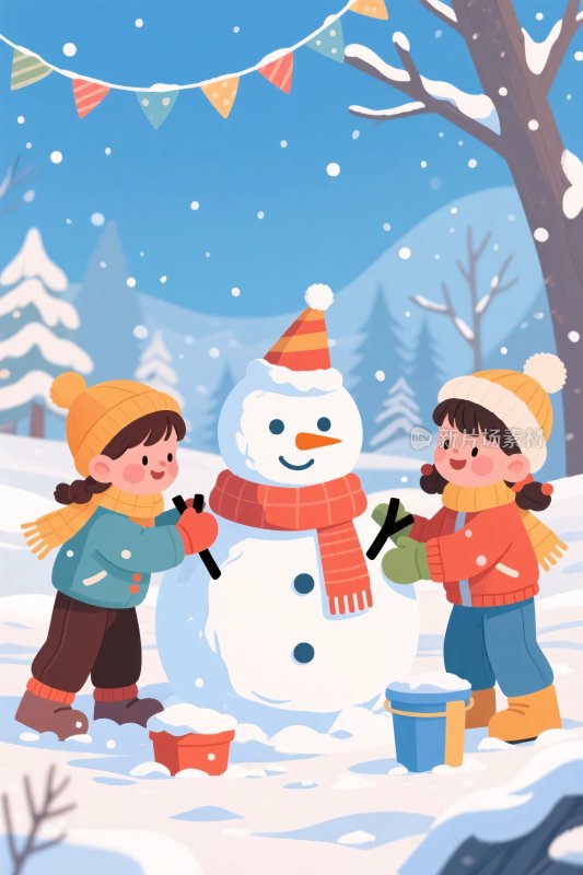 冬日童趣堆雪人插画