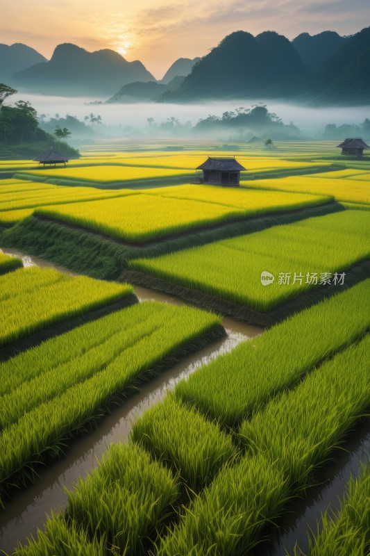 一间小屋的稻田的景色高清风景图片