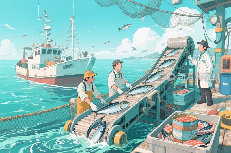 海边渔业加工场景插画