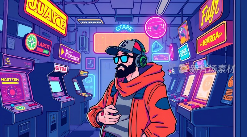 复古街机游戏厅里的时尚玩家