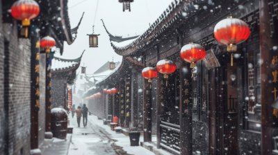 冬天中国塔楼古镇下雪古风雪景