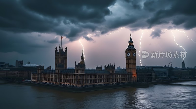伦敦风暴夜国会大厦与闪电共舞