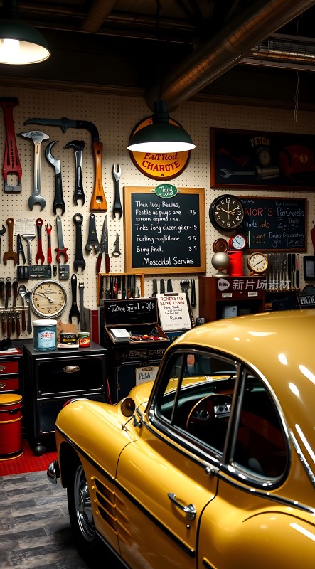 复古车库里的经典黄色汽车与工具墙