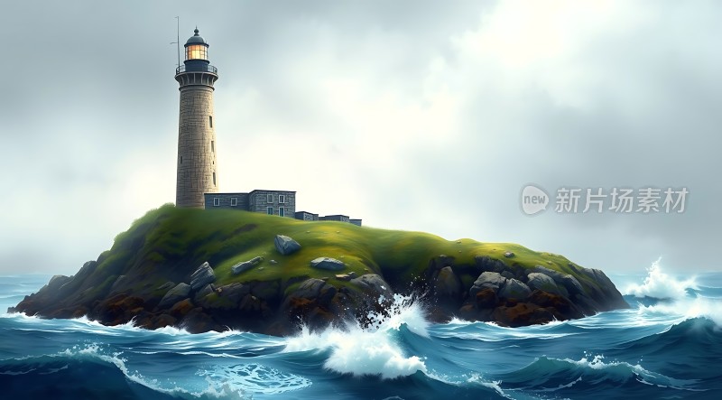 灯塔孤岛海浪汹涌