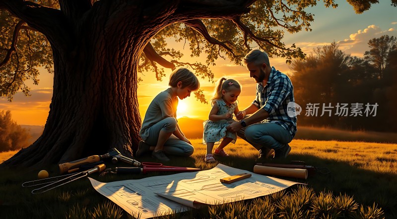 父女三人树下共度美好时光