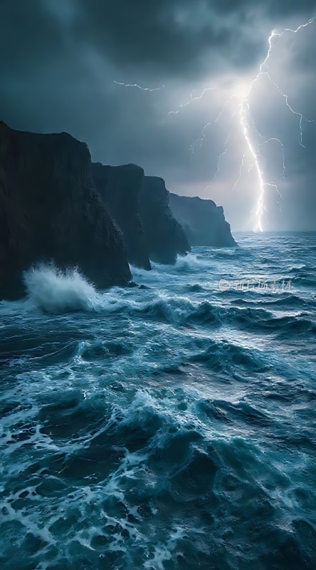 暴风雨中的海与天际闪电
