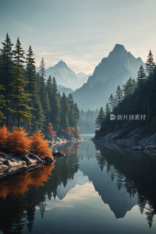 树木倒映在山湖的水中高清风景插图片