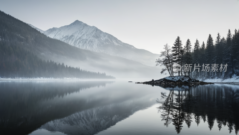 一个湖泊周围树木和雪高清风景图片