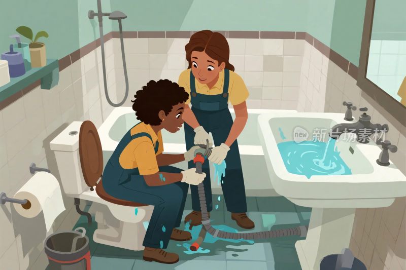 浴室维修场景插画