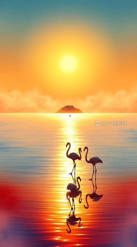 日落下的火烈鸟剪影