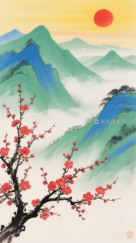 红梅映山景日出图
