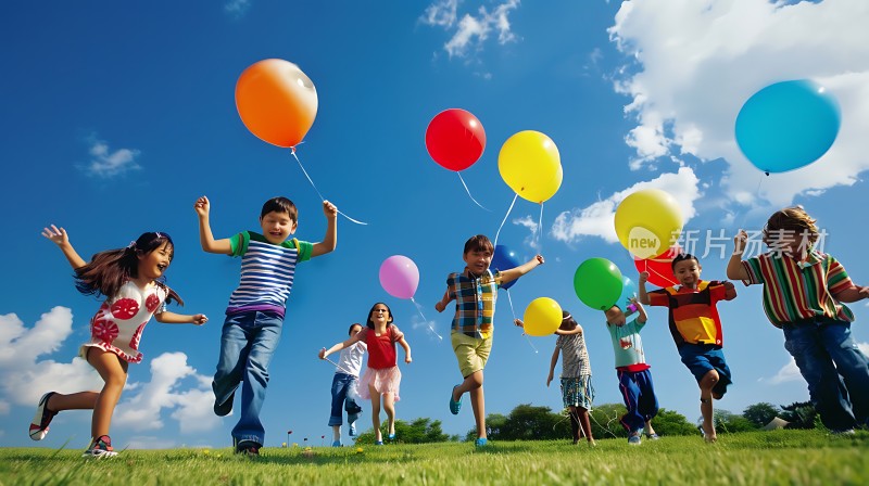 蓝天白云下孩子们在草地上奔跑手中拿着五颜六色的气球欢声笑语不断