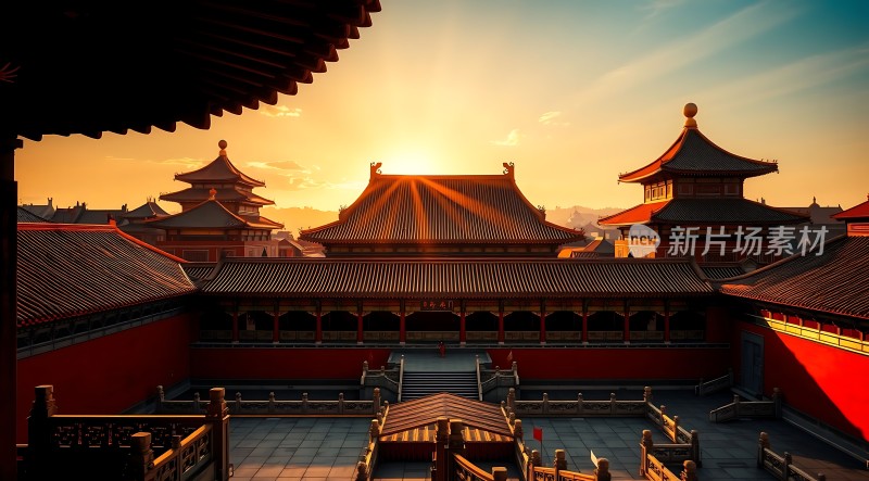故宫日落红墙金瓦映衬下的壮丽景象