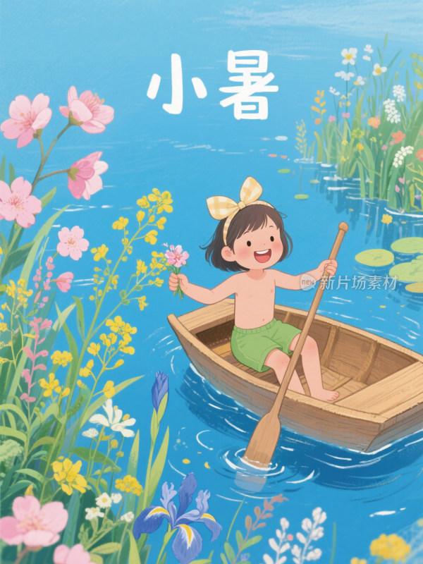 夏天节气女孩划船手绘插画