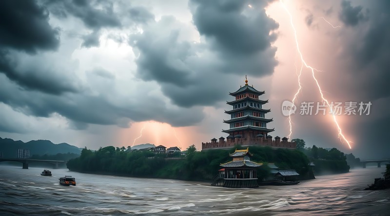 雷雨中的古塔与河流