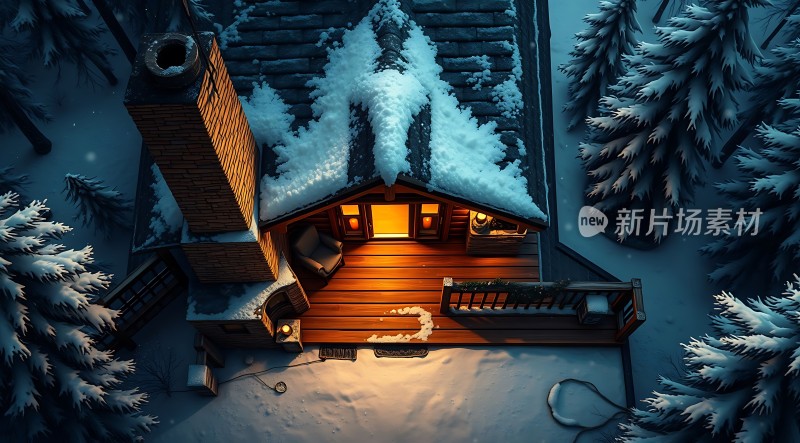 雪夜小木屋温馨灯光