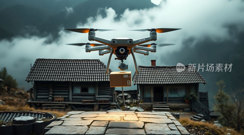 无人机配送包裹山区小屋前石板路上