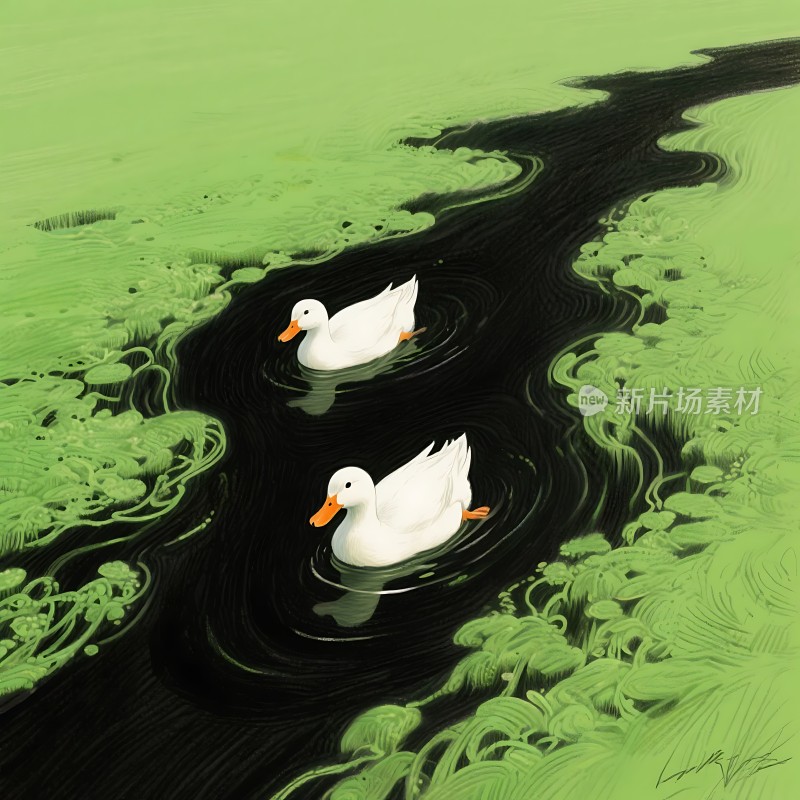 绿波荡漾白鸭游