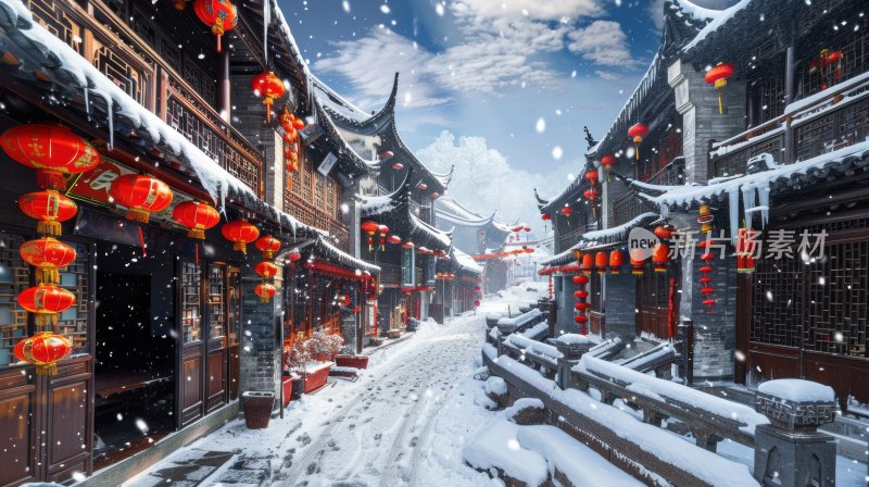 冬天中国塔楼古镇下雪古风雪景