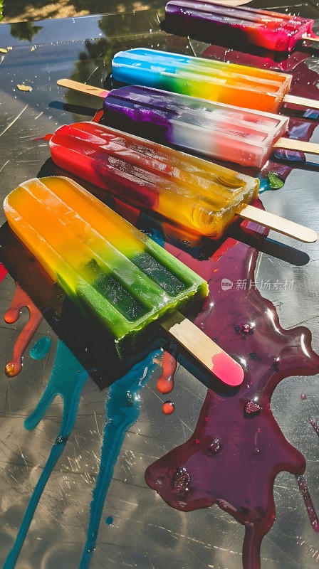 彩虹冰棒融化在阳光下