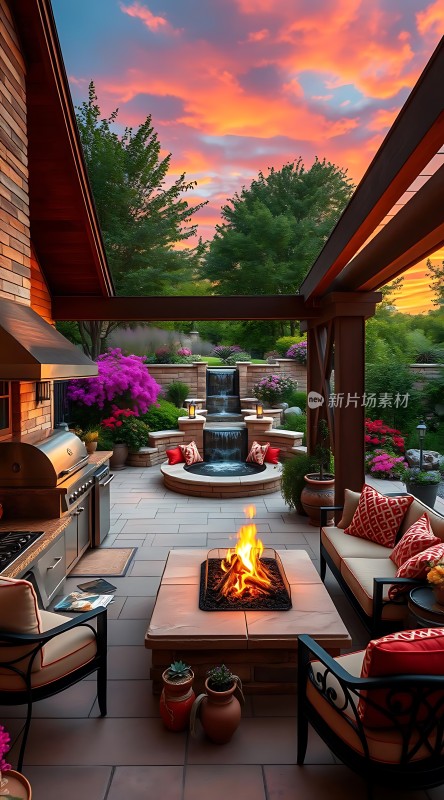 户外休闲时光火坑、露台、日落美景
