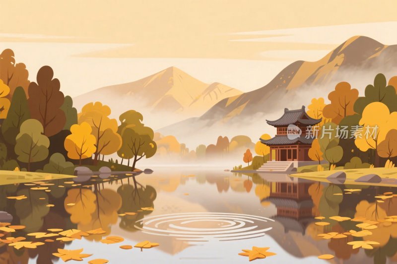 古风山水湖景插画