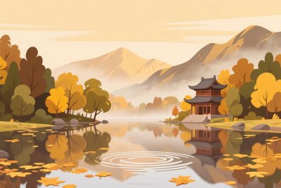 古风山水湖景插画 古风山水湖景插画