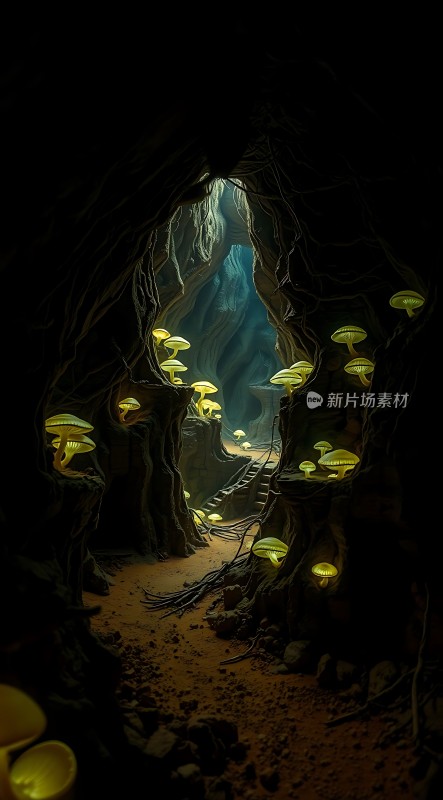 神秘洞穴中的荧光蘑菇之路
