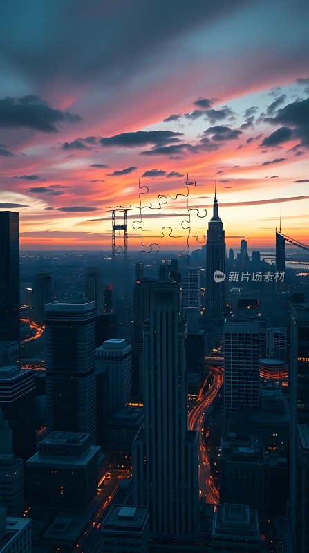 城市天际线上的日落拼图