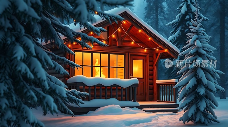 雪夜小木屋温馨灯光