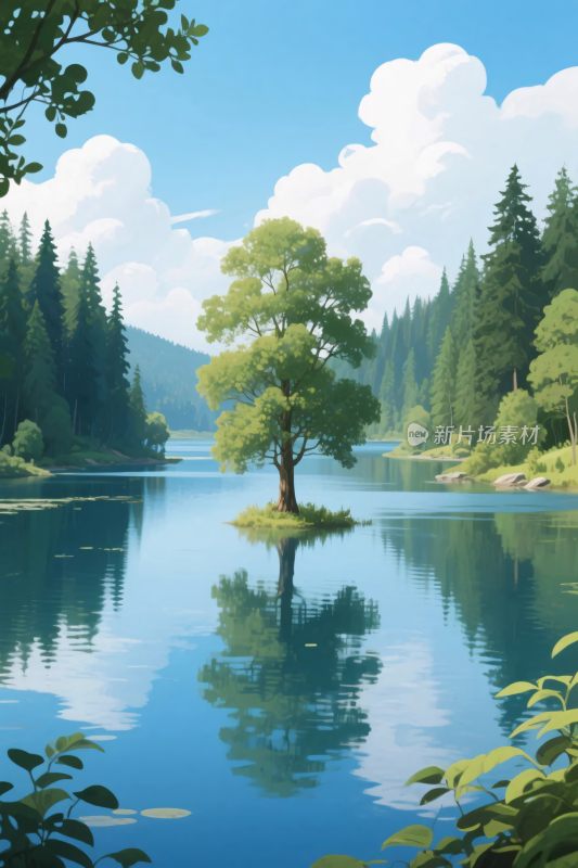 湖中孤树风景插画