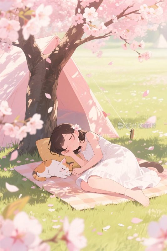 春日樱花野餐插画