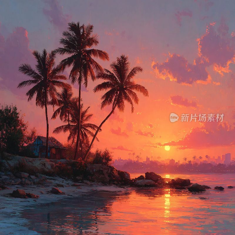 夕阳下的海边椰树美景