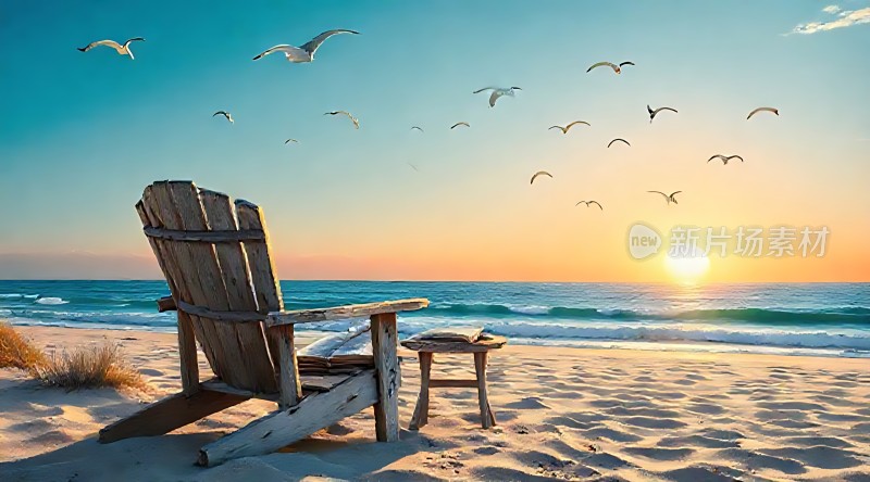 日落时分的海边木椅与飞翔的海鸥