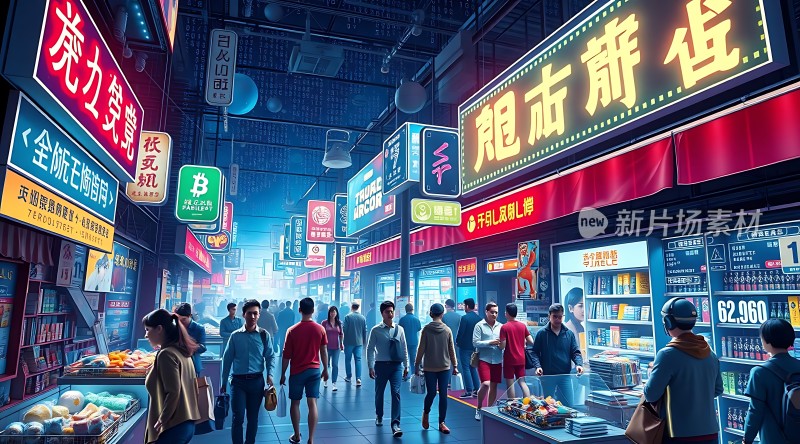 繁华夜市霓虹闪烁热闹非凡