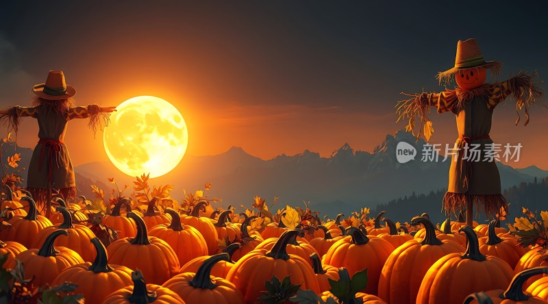 秋日南瓜地上的稻草人