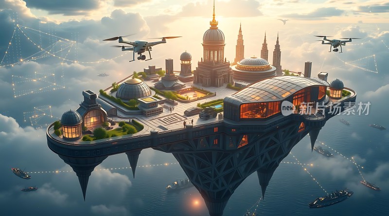 未来之城悬浮岛屿上的科技奇观