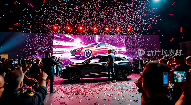 新车发布会现场观众围观黑色汽车屏幕上展示红色汽车空中飘落彩片