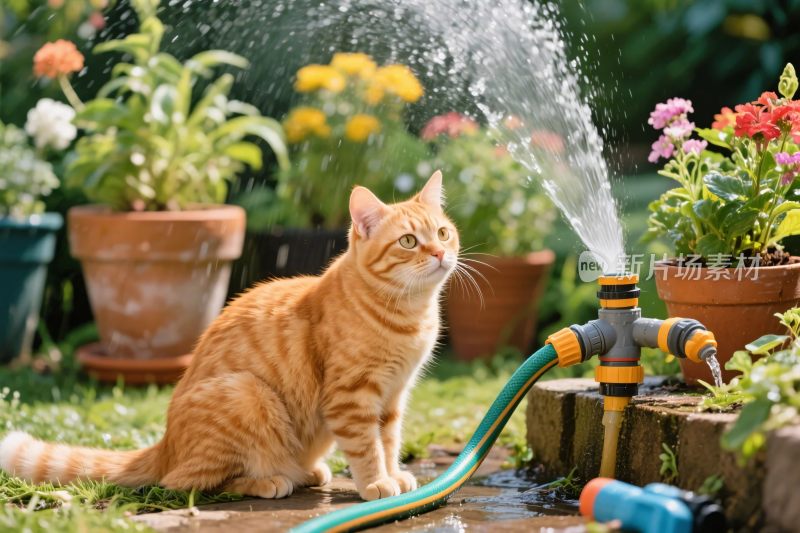 橘猫看花园喷水
